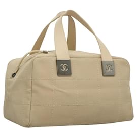 Chanel-CHANEL Choco Bar Hand Bag Canvas Beige CC Auth 118066-Beige