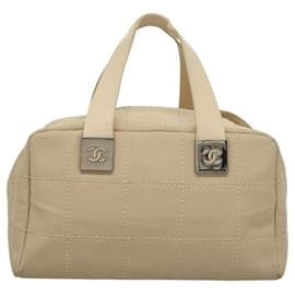 Chanel-CHANEL Choco Bar Hand Bag Canvas Beige CC Auth 118066-Beige