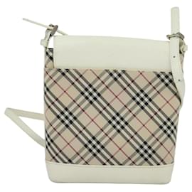 Burberry-BURBERRY Nova Check Shoulder Bag Canvas Beige Silver Auth 120041-Silvery,Beige