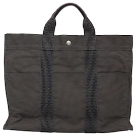 Hermès-HERMES Her Line MM Hand Bag Canvas Gray Silver Auth th5896-Brown,Silvery