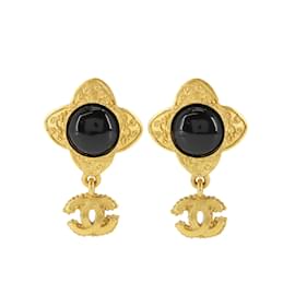 Chanel-Chanel Coco Mark Color Stone Swing Earrings-Black,Golden