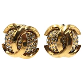Chanel-Chanel Vintage Coco Mark Gold Metal Rhinestone Earrings-Golden