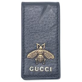Gucci-GUCCI Animalier Bee Black Gold Leather Money Clip Wallet-Black,Golden