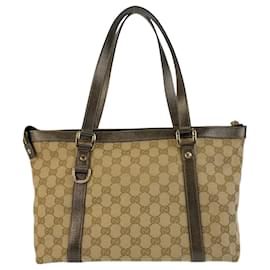 Gucci-Gucci Beige Khaki Brown GG Canvas Leather Tote Bag-Beige,Khaki