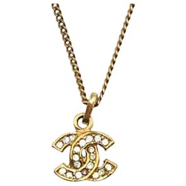 Chanel-CHANEL Vintage Coco Mark Gold Metal Rhinestone Necklace-Golden