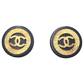 Chanel-Chanel Vintage 1993 Coco Mark Clip Earrings-Black,Golden
