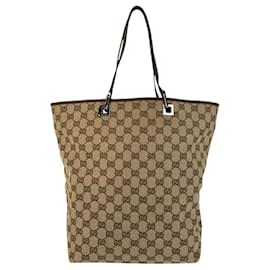 Gucci-Gucci Beige Brown GG Canvas Leather Tote Bag-Brown,Beige