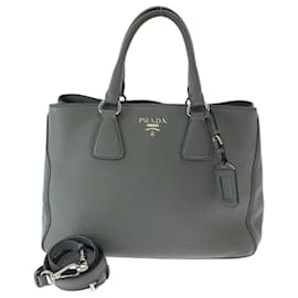 Prada-Prada Vitello Dino Logo Gray Leather Shoulder Bag-Brown