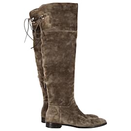 Sergio Rossi- Sergio Rossi Knee-High Boots in Brown Suede-Brown,Red