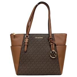 Michael Kors-Michael Kors Charlotte Large Tote Bag in Brown Leather-Brown,Red