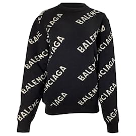 Balenciaga-Balenciaga  Logo Intarsia Crewneck Sweater in Black Wool-Black