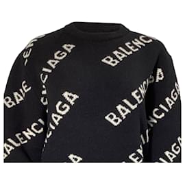 Balenciaga-Balenciaga  Logo Intarsia Crewneck Sweater in Black Wool-Black