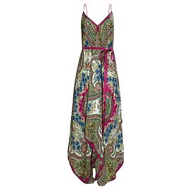 Vestido maxi impresso em seda multicolorida com acabamento em grosgrain assimétrico Etro Multicor