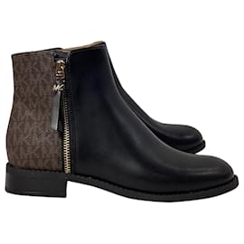 Michael Kors-Michael Kors Britt Signature Logo Trim Ankle Boot in Black and Brown Leather-Black