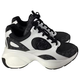 Michael Kors-Michael Kors Zuma Empire Signature Logo and Mesh Trainer in Black and White Leather-Black