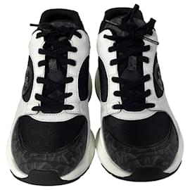 Michael Kors-Michael Kors Zuma Empire Signature Logo and Mesh Trainer in Black and White Leather-Black
