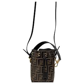 Fendi- Fendi Mini Mon Tresor FF Bucket Bag in Brown Leather-Brown