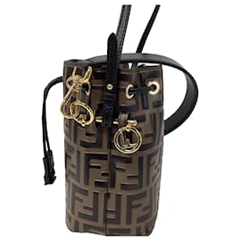 Fendi- Fendi Mini Mon Tresor FF Bucket Bag in Brown Leather-Brown
