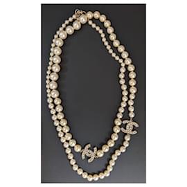 Chanel-CC A14B Classic GHW pearl crystal long statement necklace box-Golden