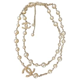 Chanel-CC F14V Classic GHW Twisted Logo pearl long crystal necklace-Golden
