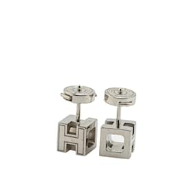 Hermès-Boucles d'oreilles H Cube de la cage Hermes-Argenté,Blanc