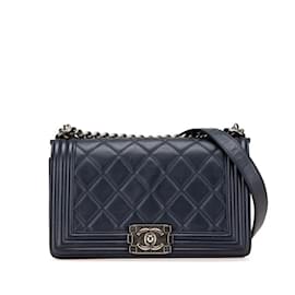 Chanel-Chanel Boy Coco Mark Chain Shoulder Bag-Silvery,Navy blue