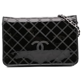 Chanel-Chanel Black CC Patent Diamond Wallet On Chain-Black