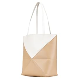 Loewe-LOEWE Brown Medium Bicolor Shiny Calfskin Puzzle Fold Tote-Brown,Beige