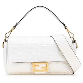Fendi-Fendi White Zucca Embossed Leather Baguette Satchel-White