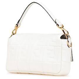 Fendi-Fendi White Zucca Embossed Leather Baguette Satchel-White
