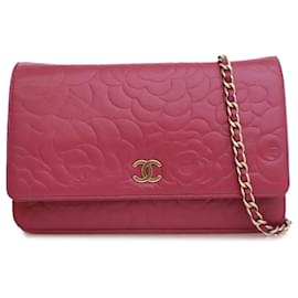 Chanel-Chanel Pink Embossed Lambskin Camellia Wallet On Chain-Pink