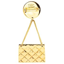 Chanel-Chanel Gold Gold Plated CC Quilted Flap Bag Brooch-Golden