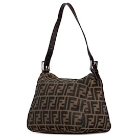 Fendi-Fendi Brown Zucca Canvas Double Flap Shoulder Bag-Brown