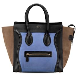 Céline-Celine Blue Mini Tricolor Nubuck and Smooth Calfskin Luggage Tote-Blue,Other