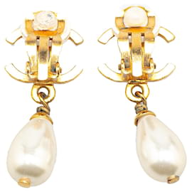 Chanel-Chanel Gold Gold Plated CC Faux Pearl Drop Clip on Earrings-White,Golden