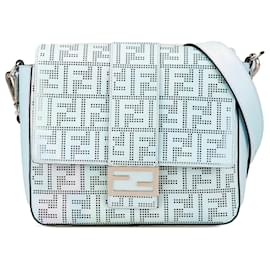 Fendi-Fendi Blue Medium Zucca Perforated Leather Baguette Messenger Bag-Blue,Light blue
