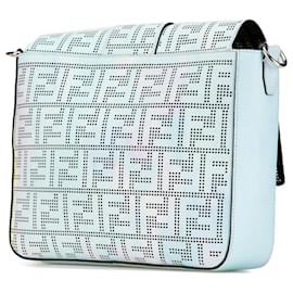 Fendi-Fendi Blue Medium Zucca Perforated Leather Baguette Messenger Bag-Blue,Light blue