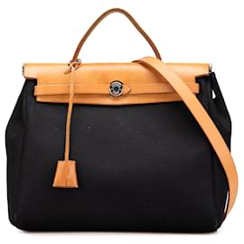 Hermès-Hermès Sac Herbag PM Toile Noire-Marron,Noir,Caramel