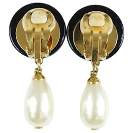 Chanel-Chanel Black CC Resin Dangling Faux Pearl Clip on Earrings-Black