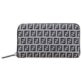Fendi-Fendi Gray Zucchino Canvas Zip Around Long Wallet-Brown