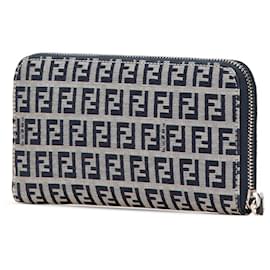 Fendi-Fendi Gray Zucchino Canvas Zip Around Long Wallet-Brown