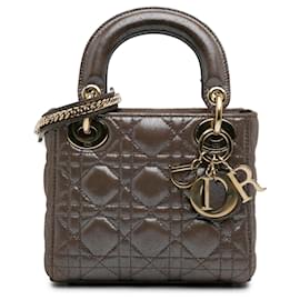 Dior-Dior Brown Mini Metallic Calfskin Cannage Lady Dior-Brown,Dark brown