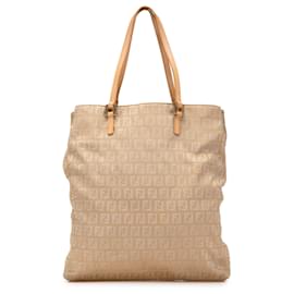 Fendi-Fendi Brown Zucchino Canvas Tote-Brown,Beige