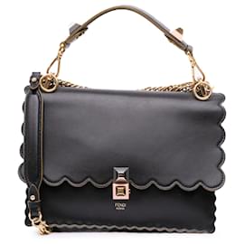 Fendi-Fendi Black Medium Scalloped Leather Kan I Satchel-Black