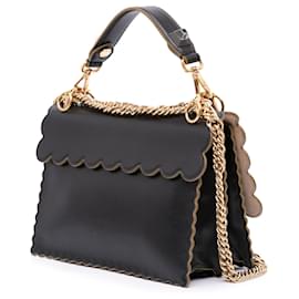 Fendi-Fendi Black Medium Scalloped Leather Kan I Satchel-Black