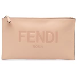 Fendi-Fendi Brown Leather Roma Zip Clutch-Brown,Beige