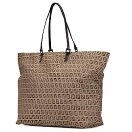 Fendi-Fendi Brown Zucchino Canvas Tote-Brown,Beige