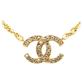 Chanel-Chanel Gold Gold Plated Crystal CC Pendant Necklace-Golden