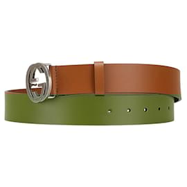 Gucci-Cinto Gucci com G entrelaçado-Marrom,Prata