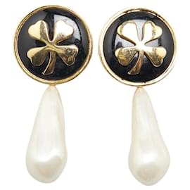 Chanel-Chanel Round Clover Four Leaf Motif Earrings-Black,Golden